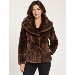 EUC Siena Studio Brown Faux Fur Coat Women’s S Shawl Collar Button Front Winter